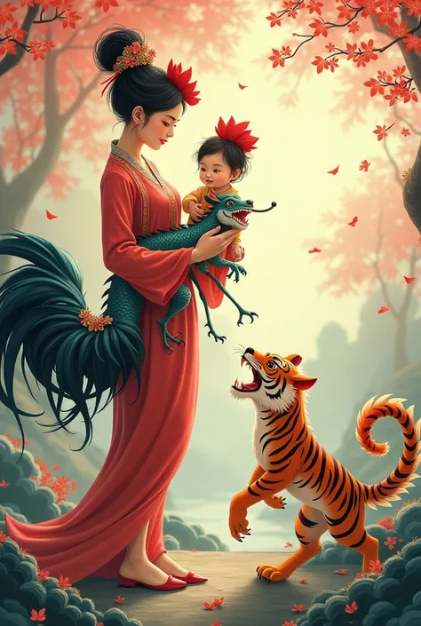 A wallpaper depicting a mother born in the Year of the Rooster standing on one leg, holding a one-year-old dragon, while the beak of the rooster pecks at a three-year-old boy born in the Year of the Tiger.