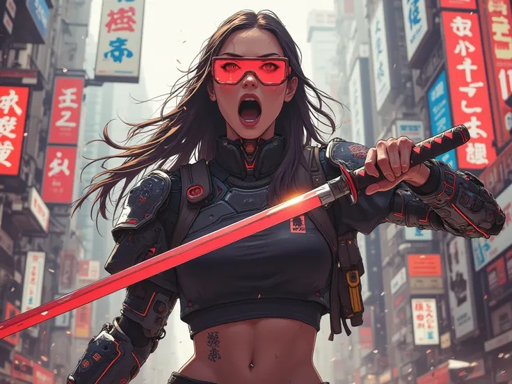 a woman with long hair and wearing digital red glasses and black croped top kimono with cyberweres and armors, she fights against a robot in 3D motion perspective view, she is in rage and anger and shouts, She is holding a red cyber katana in her hand, the...