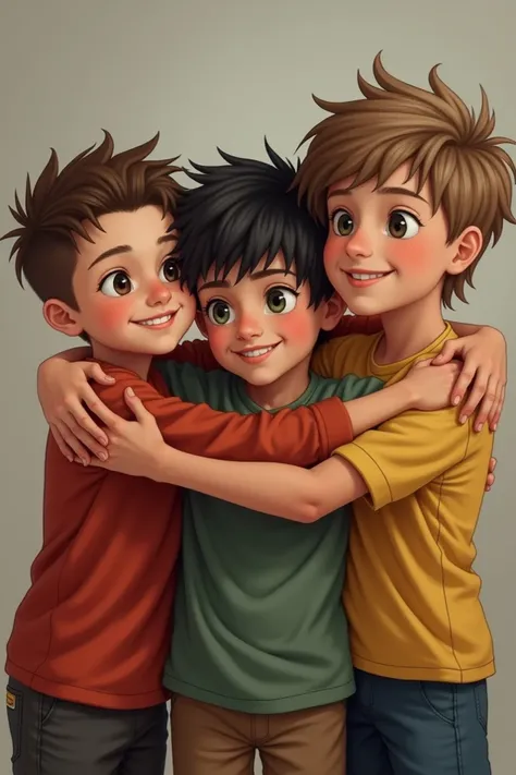 Un portrait de 3 amis.

 They hug each other .
 The first boy has very short hair , Shaved with contours . He is brown.

 The second has black hair and green eyes .

 The third has long light brown hair that reaches up to his shoulders.

Ils ont environ 7 ...