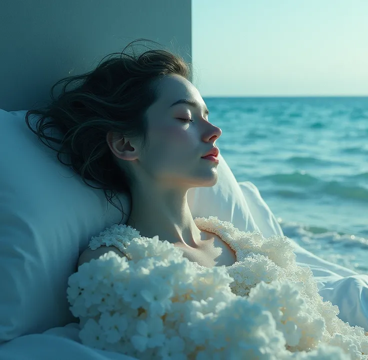 Prompt 

Divided image, one side photograph of the sea and calm waves, ultra-realistic, the other side a multiimedia abstract image of sleeping goddess hyper-realistic 
