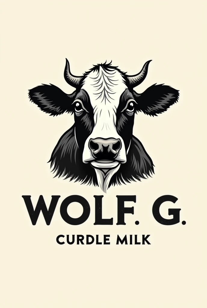 create a logo of curdle milk, the logo must contain the really picture of cow, the brand name Wolf G, and the curdled milk name must be included