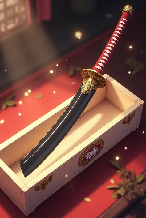 A (Long) White Ivory Chest Containing a Black Bladed Katana with an Elaborate Red and White Hilt, an Emblem of a Fox on the Chest and Sword, Anime, Pixar, God Rays, Glowing Light, Sparkle, Ultra-Wide Angle, High Resolution, High Details, UHD, HDR, Dynamic,...