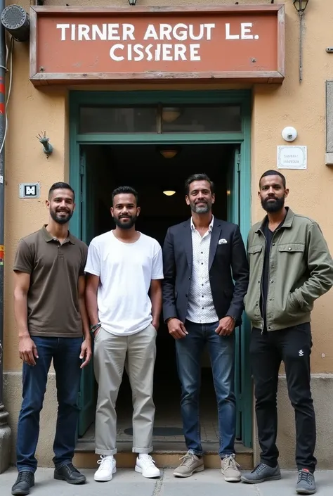 four men standing in front of a building with a sign behind them, casually dressed, taken in the early 2020s, ney matogrosso with malice, edited, trending artwork, transparent background, various posed, from left, masterpiece, group photo, in style of dave...