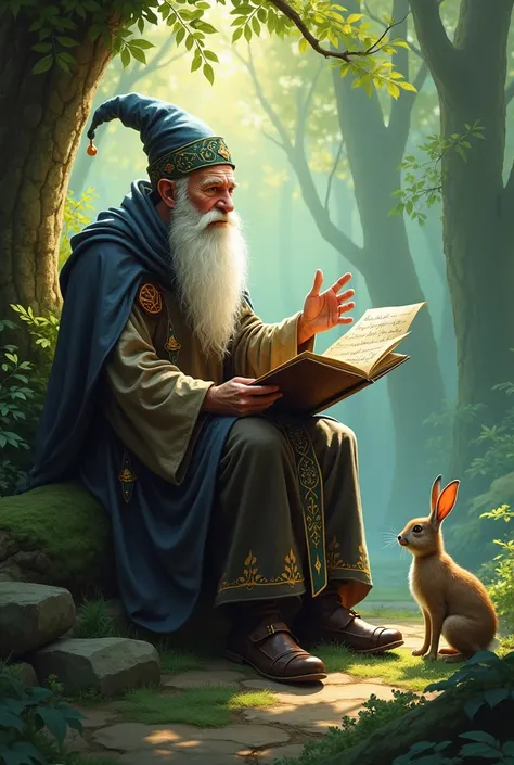 Old wizard from the medieval era telling stories in an enchanted forest