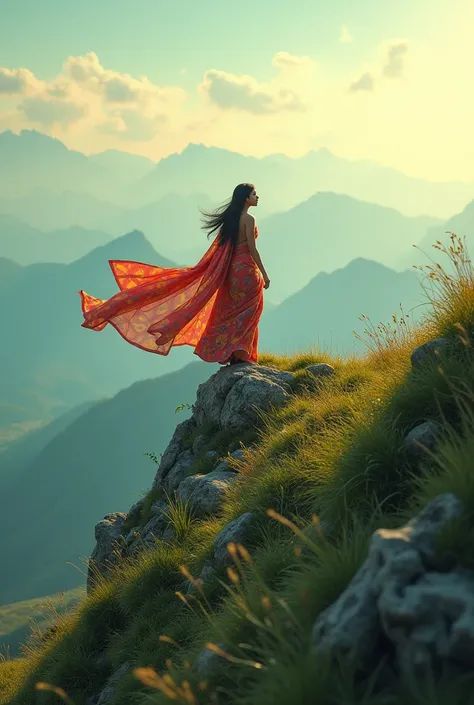 In a peaceful mountain setting, where green grass and small stones are scattered, a young woman dressed in a saree climbs the highest part of the mountain. Her white or colorful saree floats upward in the light breeze behind her, and her face shows determi...