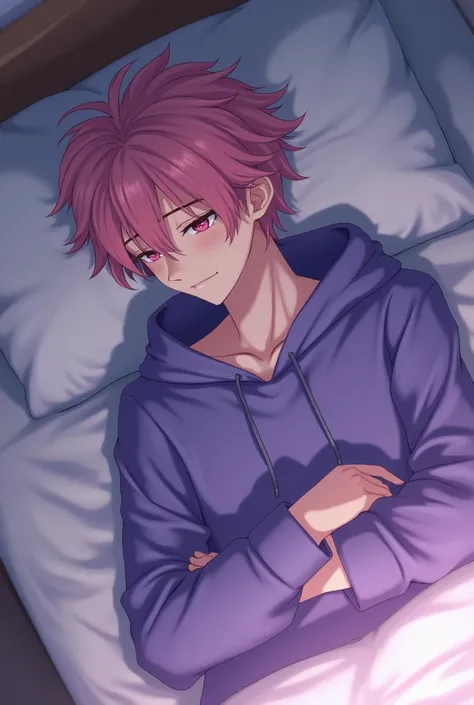 Asashi is a 18 year old man, he has pink disheveled hair and pink eyes, sleepy, laying on a bed, wearing purple hoodie