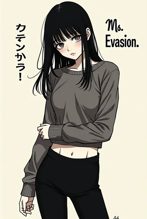 In the style of Junji Ito, Junji ito Manga type image, girl, Long sleeve crop top sweater, black leggings, afraid, medium length hair, long bangs, text in the corner says "Ms. Evasion" in fancy text 