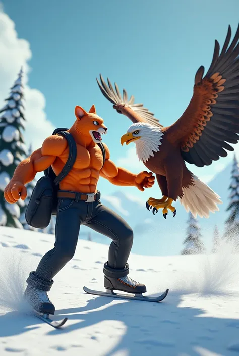 In cinematic 3D style, HD image, realistic image ,colourful image.
Character, a muscular anthropomorphic orange big cat,,wearing black jeans, and ice skates.A big black bag is hanging on the back,
Character,there is a large hybrid eagle with its wings spre...