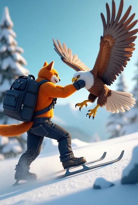 In cinematic 3D style, HD image, realistic image ,colourful image.
Character, a muscular anthropomorphic orange big cat,,wearing black jeans, and ice skates.A big black bag is hanging on the back,
Character,there is a large hybrid eagle with its wings spre...