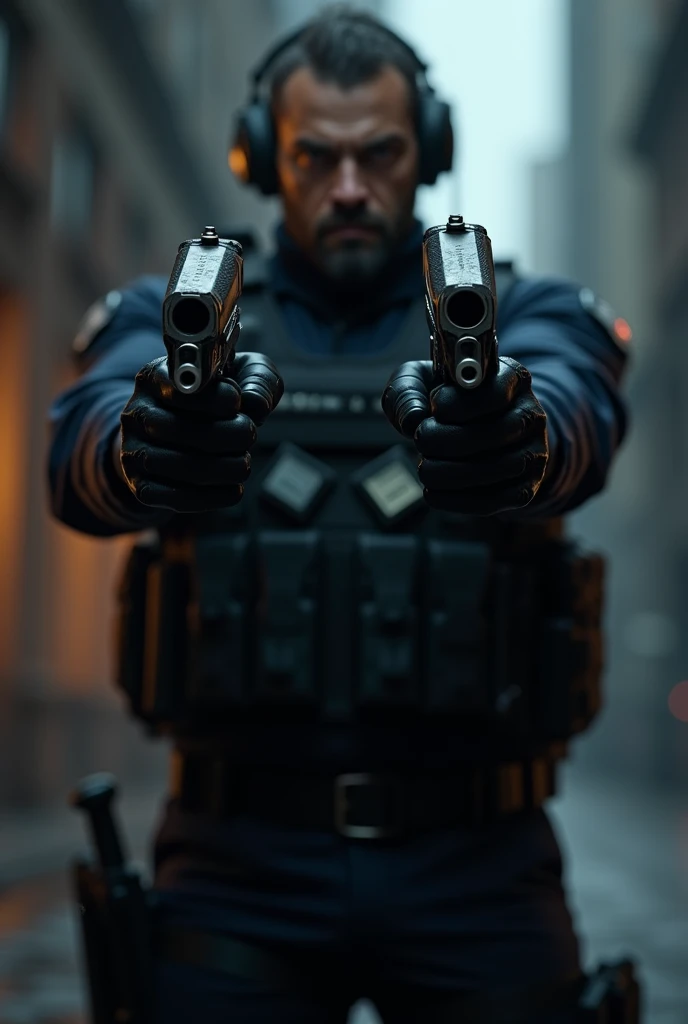 Swat Officer, holding two pistols, one coloured fully in black with Darkday engraved on it, pointed at viewer, and holding the other gun coloured in white, with Whitenight engraved on it as well. 