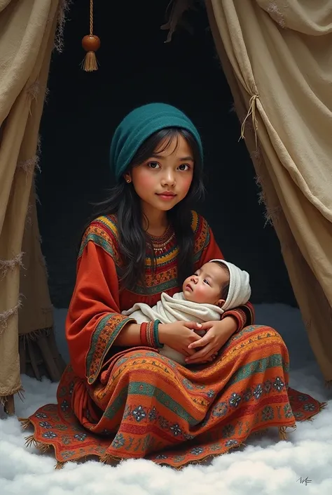 A BABY IN A RAG HAMMOCK WHO IS WITH HIS MOTHER IN A SKIRT OF ORIGIN FROM LA PAZ BOLIVIA IN A COLD CLIMATE 