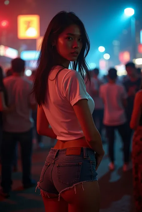  Full-body photo, Asian woman, standing in party, flash photography, nighttime, small t shirt, left pose, showing defined hips, hand in shirt