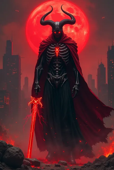 Demon with anatomically correct black bone armor, sword covered in red lightning, red cape. Destroyed city background with large blood moon. The demon looks like vasto lorde ichigo from bleach anime series.