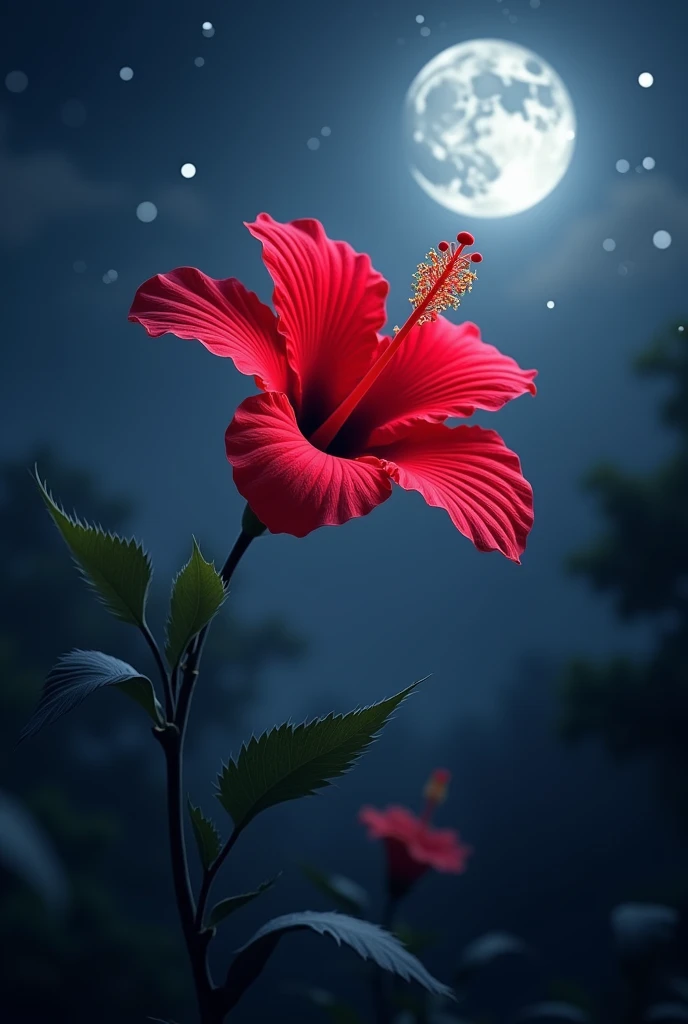 Red hibiscus shines in the moonlight at night。