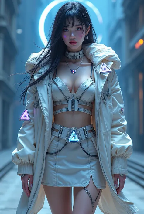  a steampunk, sureal, a girl beatiful,sexy, breast up,  long hair losse, face pirching, face korea, with blue purple Made from cyberpunk blue, white purple transparan parka  and skirt strap advance motif leather, robe with many Zipper with many various siz...