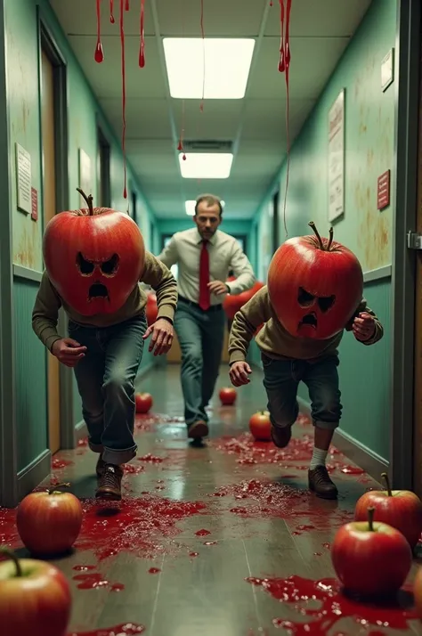 Zombies in apple costumes chasing behind a crying office man running away, the ceiling full of red blood dripping, the floor full of rotten spoilt apples with worms