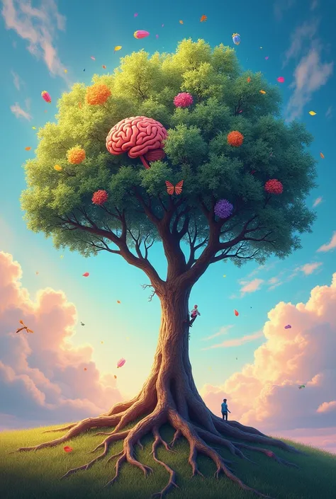  A tree that symbolizes brain growth and development,  with each part of the tree representing memory ,  the emotions , learning and attention 

With keywords in the sky
