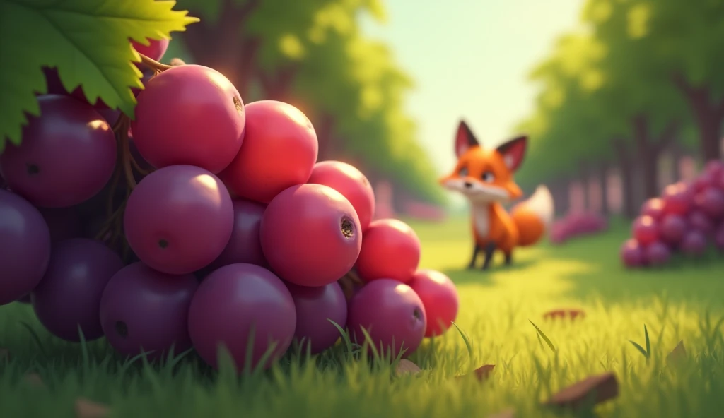 A close-up of the ripe grapes glistening in the tree, untouched and slightly out of focus. In the background, the fox is seen walking away in the distance, representing acceptance and letting go, cartoon animation 