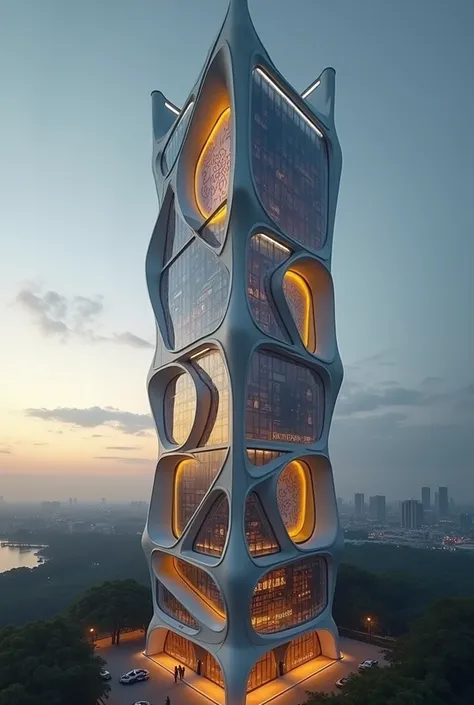 Art display gallery acoustic golden yellow lighting building, in fully whole smart video tron led organic membrant ads tower in Surabaya megacyberpolispunk hyper technology hyper culture hyper sience hyperinclusivity financial with batik geometrive ads lin...