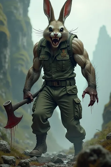 Make me a picture with the theme: a combination of a rabbit-headed monster with a giant human posture, wearing army clothing, muscular, carrying a bloody axe, fierce, standing straight in front of a realistic fantasy picture