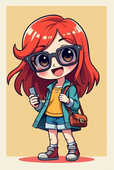 cartoon girl with red hair and sunglasses holding a cell phone,  cell-like art style ,  Female Protagonist 👀 :8,  Female Protagonist, yume nikki,  cell shade !!!, Visual Novel Sprites, Chibi, Celeste&#39;s Madeline, Chibi style, short!, Cartoon style cute,...