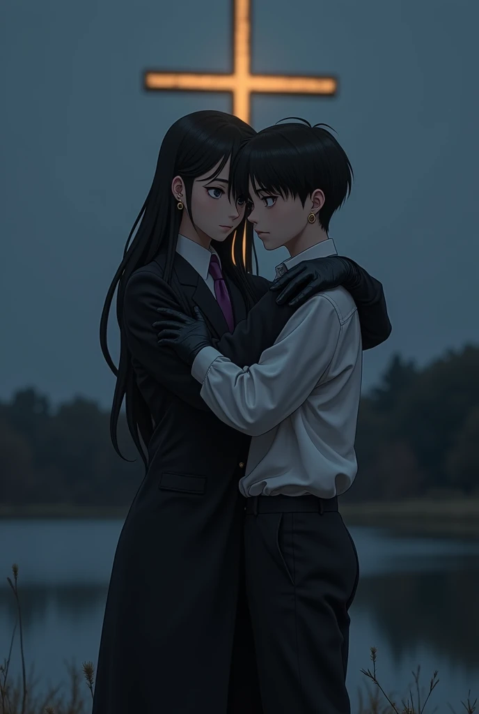 Live Action pre teen Asian boy with Long Flowing black Hair, With a Stoic Expression, Wearing a LONG Sleeved, Baggy Black Double Breasted Suit that reaches the ground over a Baggy White Dress shirt Properly Tucked in With The Sleeves with cuffs Covering th...