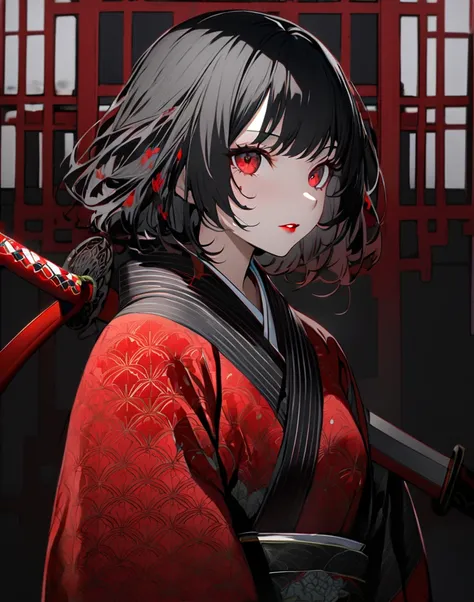 Girl in kimono standing with Japanese sword, white medium hair, red eyes, red lips, kimono with red cluster amaryllis pattern on black background, red splash pattern on black background, super high quality, super fine detail, super fine kimono pattern