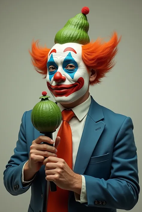 Male reporter painted clown face with a microphone in the shape of a chayote vegetable