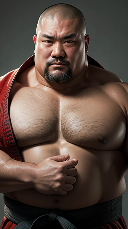 fat Mongolian middle-aged man。 huge muscles。Shaved Head。 handsome。Droopy eyes。soft。Judo。dojo。 Details。Precise depiction。 highest resolution。Maximum number of pixels。 Best Picture Quality 。 hyperreal 。 photorealistic 。