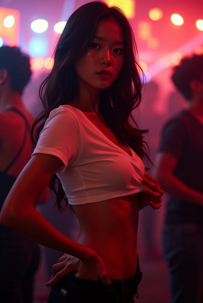  Full-body photo, Asian woman, standing in party, flash photography, nighttime, small t shirt, left pose, (showing hips), hand in shirt, bottomless 