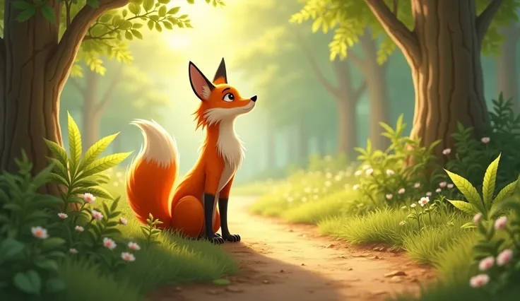 The fox looking ahead toward an open path in the forest, filled with sunlight and possibilities. The scene symbolizes hope and the decision to pursue new opportunities instead of dwelling on failure.