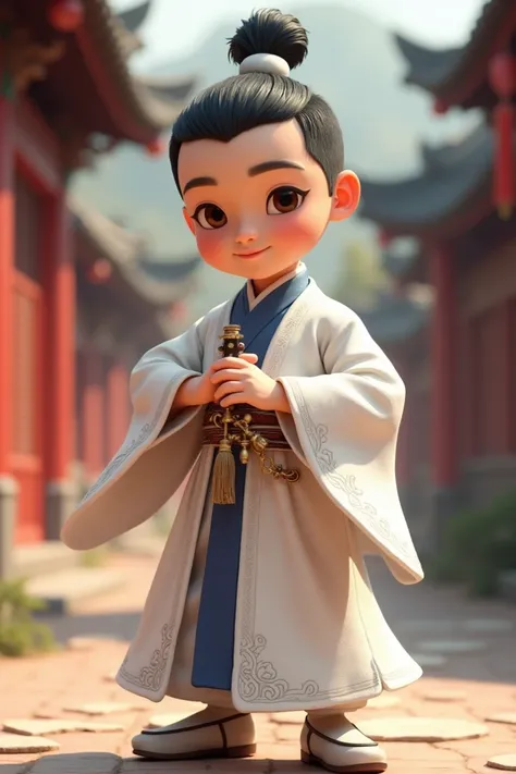 A charming cartoon character depicted as a swordsman, white dressed in traditional Chinese attire, is performing a sword-drawing action while looking down. This character features beautiful eyes and a little smiling expression, set against blur ancient vin...