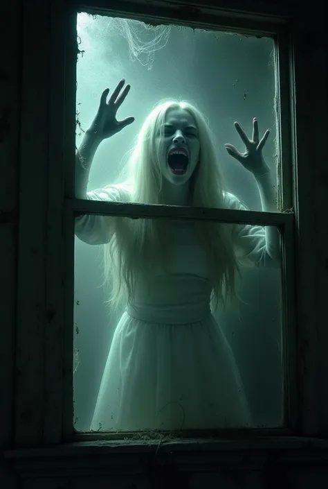 A ghosts in a window screaming with the appearance of a woman 