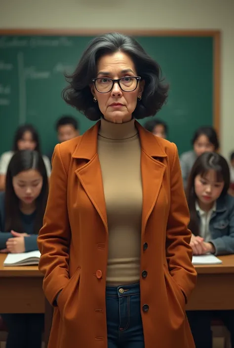 Draw a Russian language teacher that everyone hates , she is old with an orange jacket and underneath a beige turtleneck, her hair is black and has glasses and her face is about 70 kg