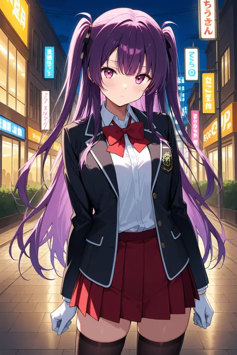 Prompt: score_4_up, score_9, score_8_up, score_7_up, score_6_up, score_5_up, good hands, high quality, extreme details, masterpiece,1girl, solo, purple hair, long hair, (black school jacket), white shirt inside with a red bow, (red skirt), purple eyes, :(,...