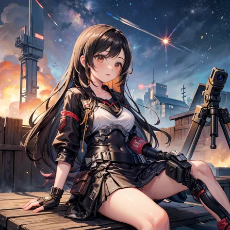 (masterpiece, best quality), intricate details, 1girl, yunyun, Spread your legs and aim with a towlauncher while shooting., tripod, scope, battlefield, explosion, debris, smoke,