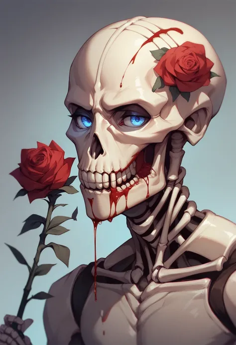 Skeleton head holding black rose in his mouth. Dripping blood, having blue eyes 