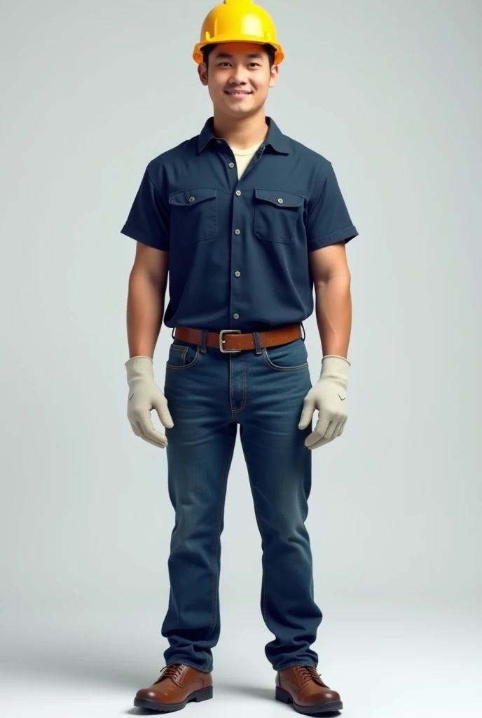 Create a virtual image of a Thai male employee, standing with a full-length front, wearing a dark blue shirt with a short-sleeved collar in a light cream color, wearing dark blue jeans, wearing safety shoes, wearing a yellow helmet, wearing white cloth glo...