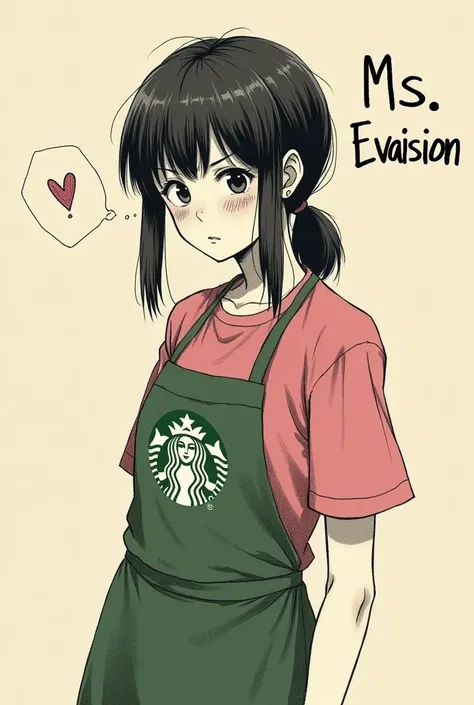 Black and white image, sepia tone, In the style of Junji Ito, Junji ito Manga type image, girl, pink short sleeve shirt, green apron, Starbucks Logo is on the apron, afraid, medium length hair, long bangs, hair tied back into a low pony tail, text in the c...