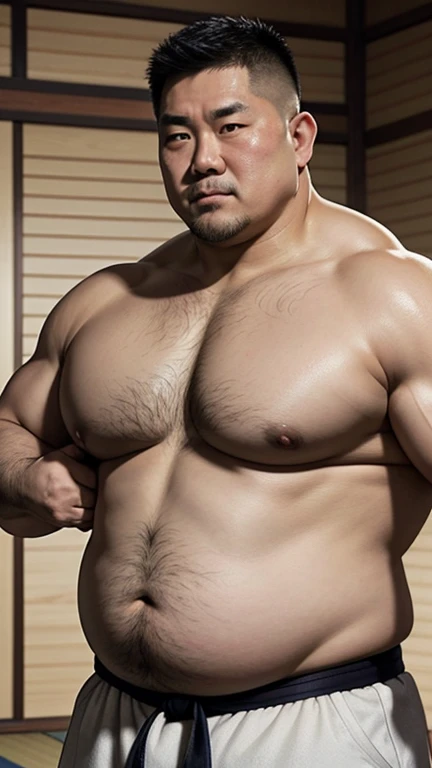 Shirtless fat asian middle aged men。Huge belly。 huge muscles。Shaved Head。 handsome。Droopy eyes。soft。Judo pants。Tatami Dojo。 Details。Precise depiction。 highest resolution。Maximum number of pixels。 Best Picture Quality 。 hyperreal 。 photorealistic 。