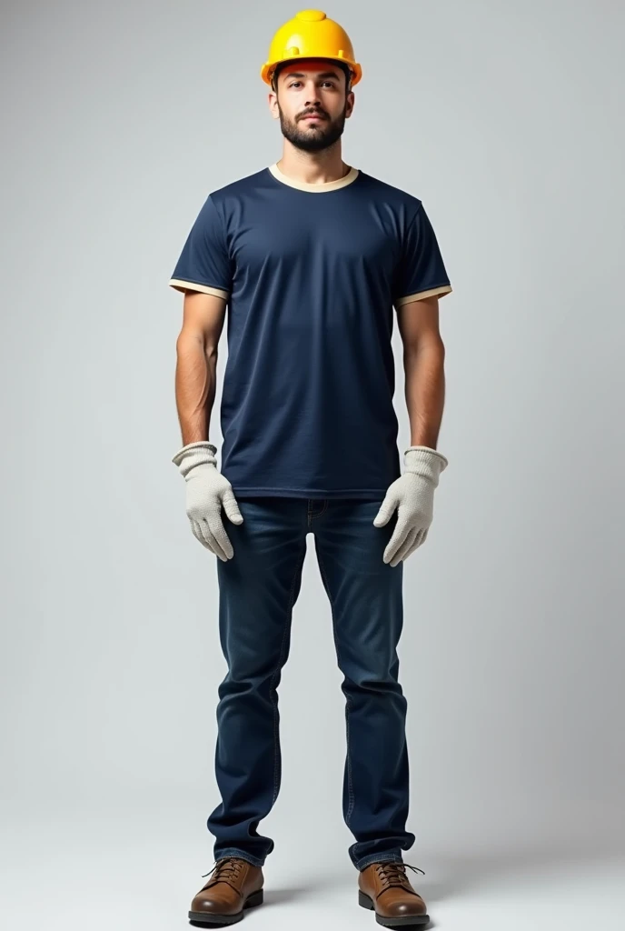 Create a virtual image of a male employee, standing with a full-length front, wearing a dark blue T-shirt with a short-sleeved collar in a light cream color, wearing dark blue jeans, wearing safety shoes, wearing a yellow helmet, wearing white cloth gloves...