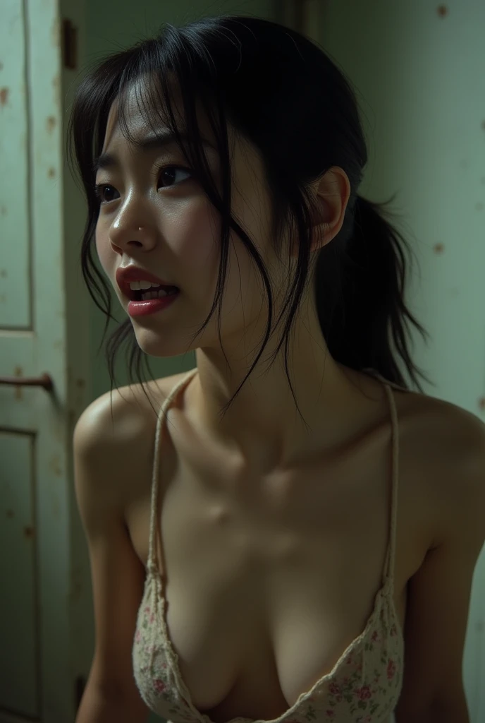 Young, tied up, nude, crying, Japanese girl, with huge tits, in the basement