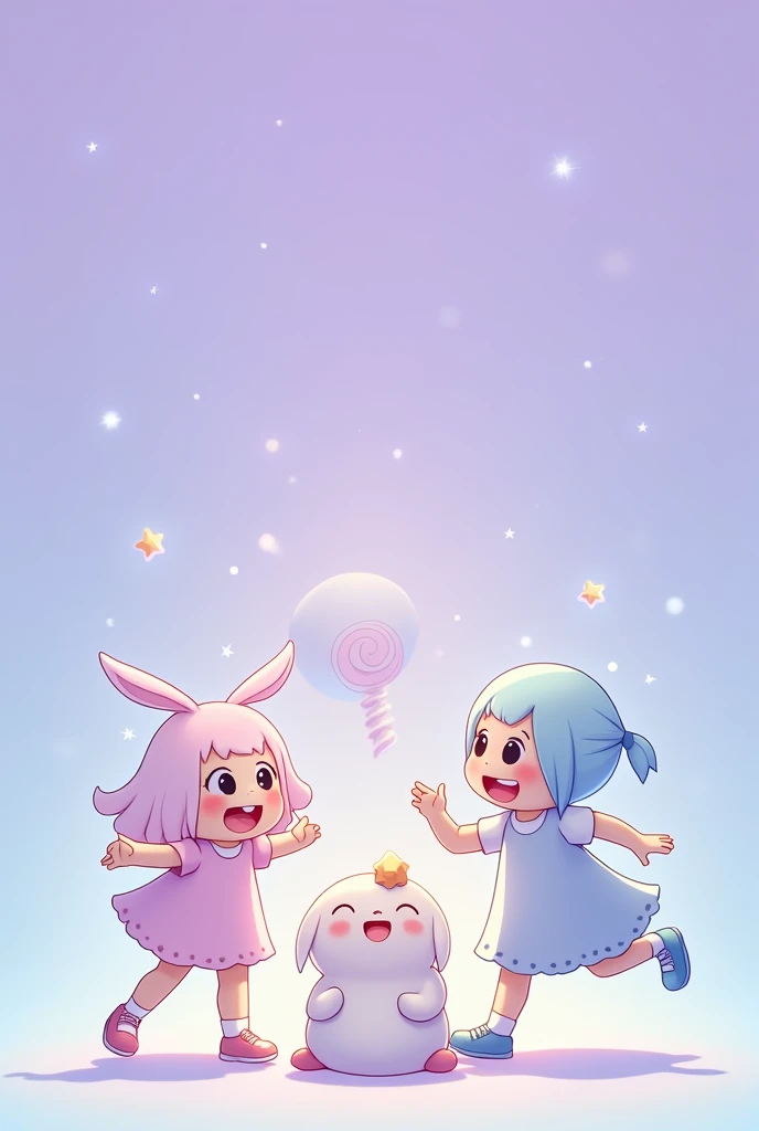 Three characters playing in pastel colors and a purple blue gradient background 