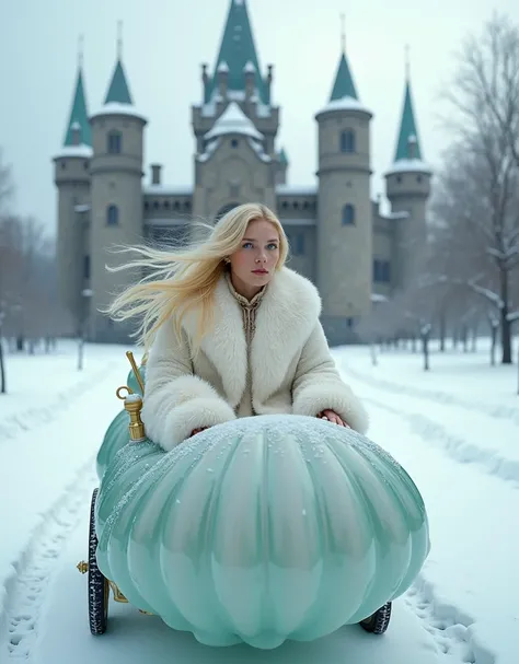 Blonde woman, in a jelly-style carriage, in front of a Canadian castle under the snow, wears a large white fur,