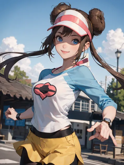 ((  Masterpiece , best quality)),  absurd,  ro1, Hair Bun,  blue eyes,  twin tails,  Visor Cap ,  pantyhose,  raglan sleeve, Yellow shorts,  shirt,  Pink Ribbons ,  watch ,
 Alone, smile,  look at the viewers,  cowboy shooting,  Cinematic Composition ,  dy...