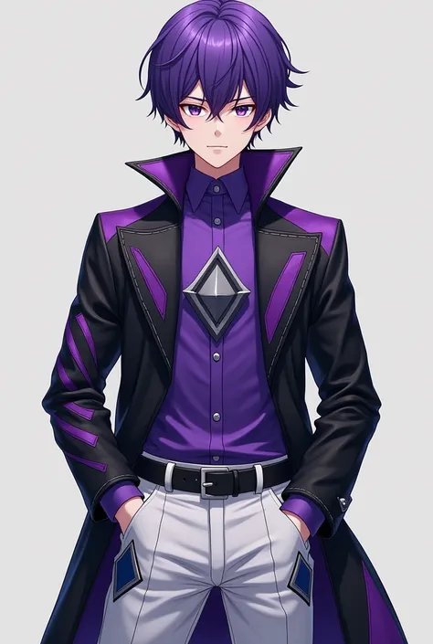 A young anime man with purple eyes represents purple hair  ,  with fair skin and wears all the fictional black, indigo and white clothes. It consists of a long black leather jacket containing purple triangles with a folded purple shirt with a white shirt. ...