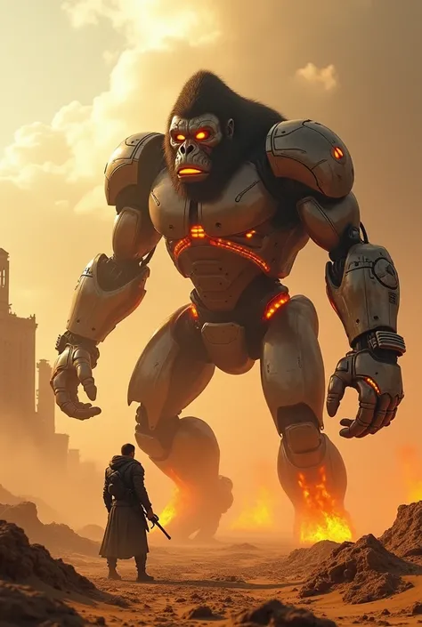  An intensely cinematic scene set in a field vast sand surrounded by ruins of old buildings . In the middle,  a modern warrior in futuristic combat clothing stands upright ,  wielding advanced weapons . In front of him,  stands a giant monster that is a te...