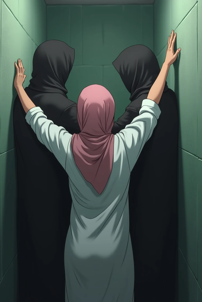 3 hijab girl, captured, pin against a wall, arm wide open, lean against the wall, 2 black men push her hand to the wall, hand above her head, hijab girl wearing white shirt,  bare ass  pulled  out of clothes , bending over ,  spanking, back view only , in ...