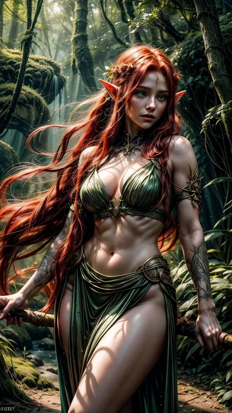 Highly detailed, realistic, cinematic, fantasy-themed. A striking female elf druid with flowing fiery red hair cascading over her shoulders. She wears an immodest outfit crafted from woven vines, leaves, and delicate petals, revealing her toned, athletic f...