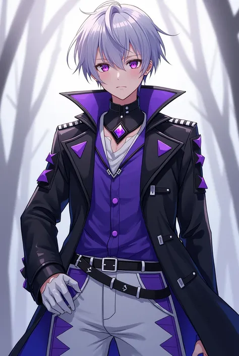 A young anime man with purple eyes represents purple hair that is not long and not short.   ,  has fair skin. He wears all the fictional black, indigo and white clothes. He consists of a long black leather jacket containing purple triangles with a folded p...